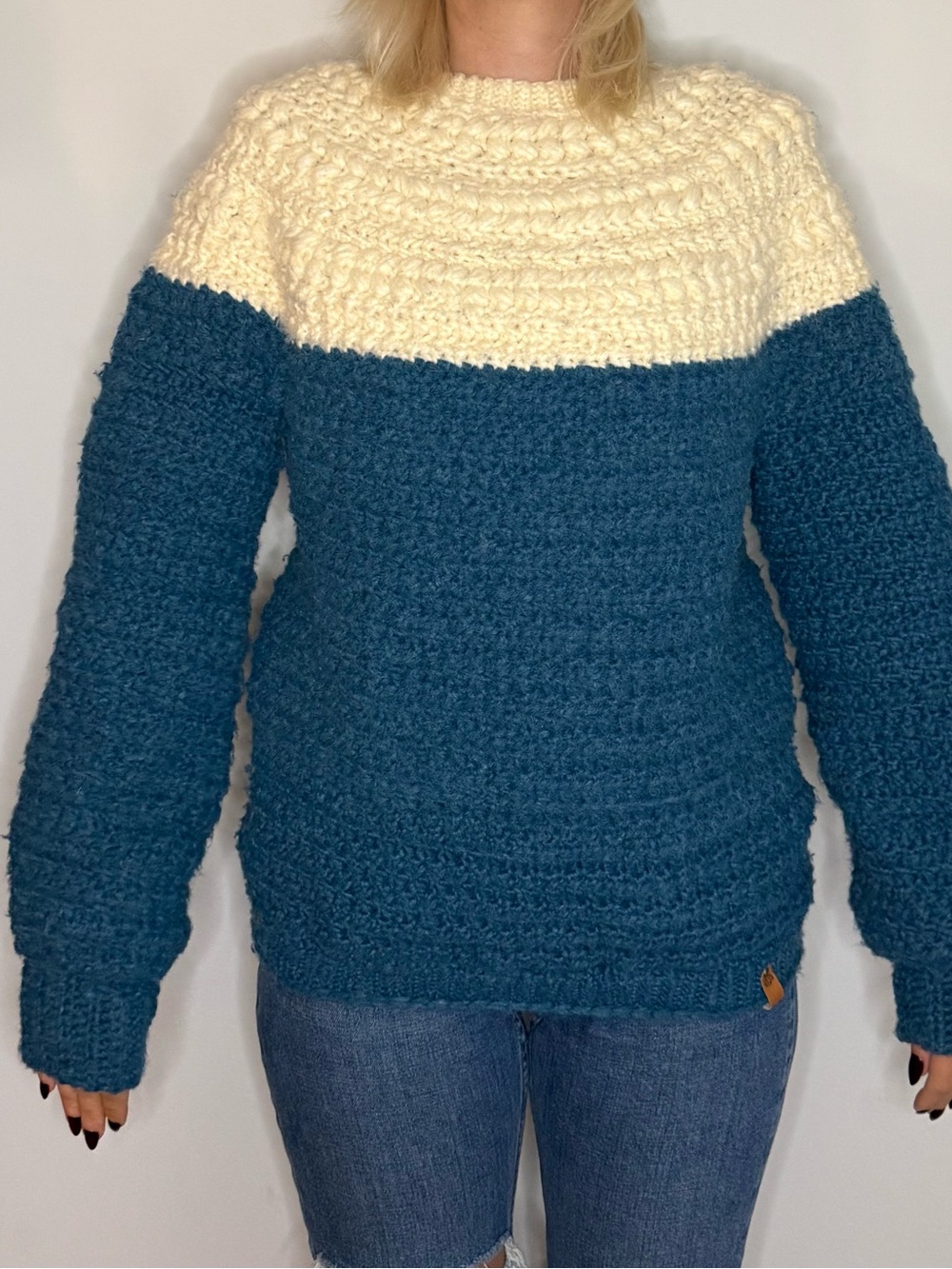 Two-Tone Cream and Teal Crewneck Sweater